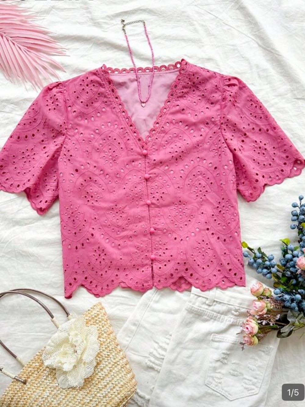 SHEIN Pink Eyelet Scalloped Button-Front Blouse